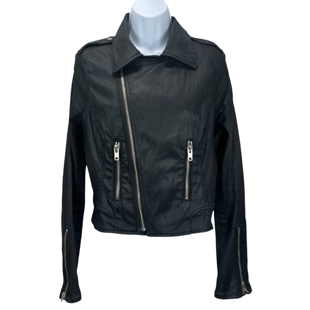 True Religion Women’s‎ Medium Cropped Moto Jacket Black Coated Biker Zip